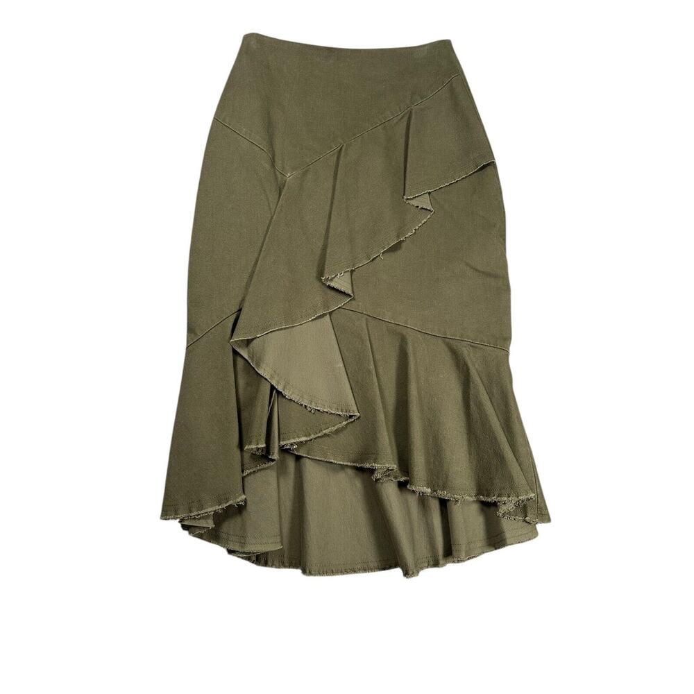 Intermix Sabrina Twill Ruffle Midi Skirt 0 Olive Green Hi-Low Romantic Gypsy